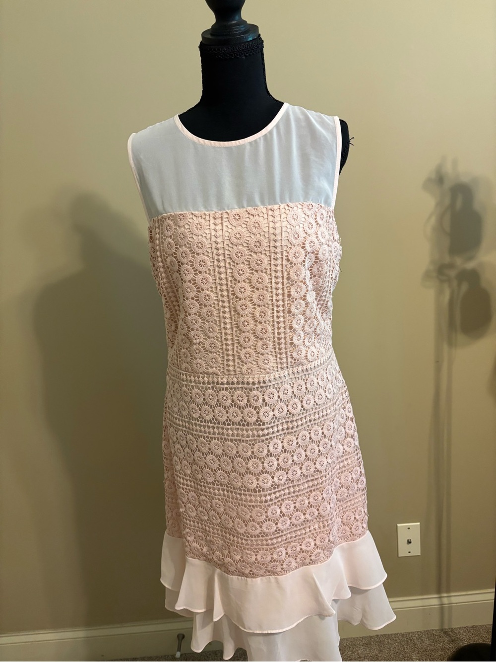 Betsey Johnson Blush Pink Lace Midi Dress with Sheer Yoke Size 14